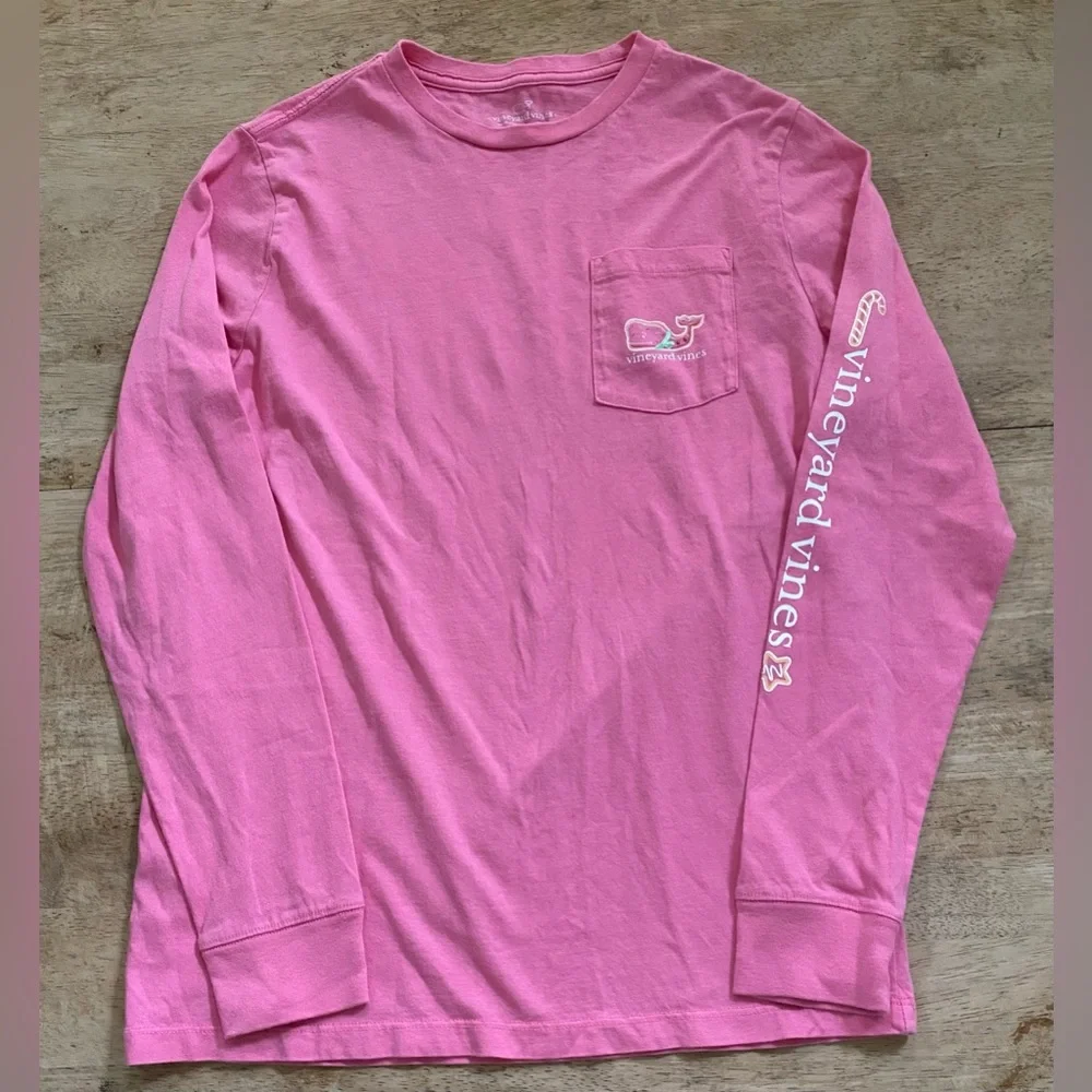 Vineyard Vines Girls’ Sz L (16) Cutty Pink‎ Cookie Whale Long Sleeve Pocket Tee
